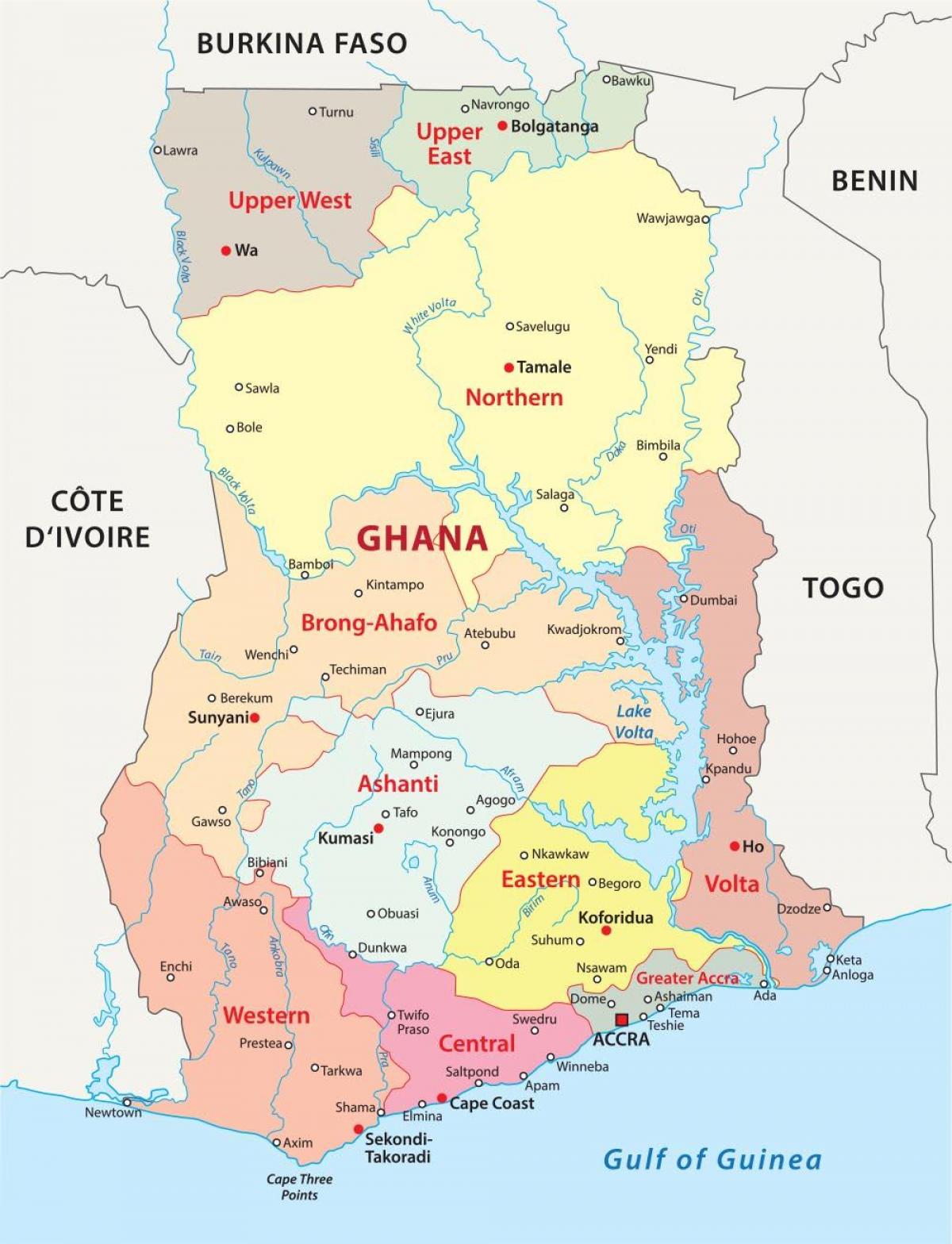 карта Гани показуючи округів